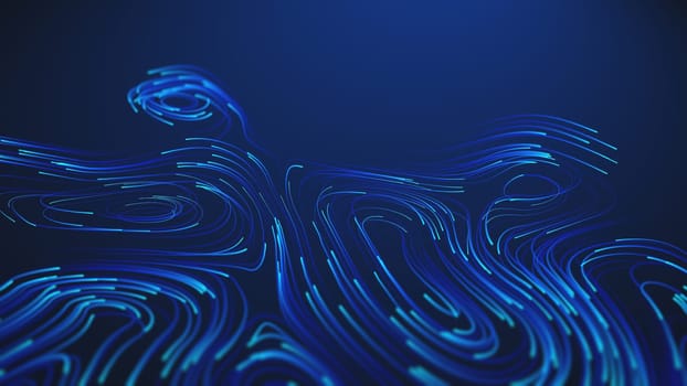 This futuristic digital artwork features glowing blue neon lines arranged in smooth, flowing patterns. The dark background emphasizes the structure, representing data motion and energy.
