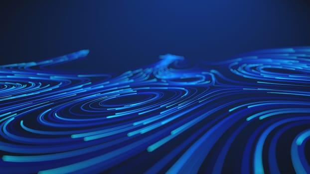 Flowing neon blue lines form abstract data streams against a dark background, creating a futuristic technological visualization representing digital information and processing.