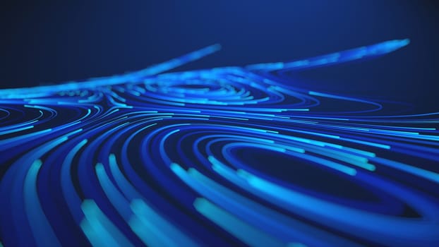 A visually stunning image featuring glowing blue lines creating abstract curved flow patterns. The futuristic theme represents digital data streams and technological motion.