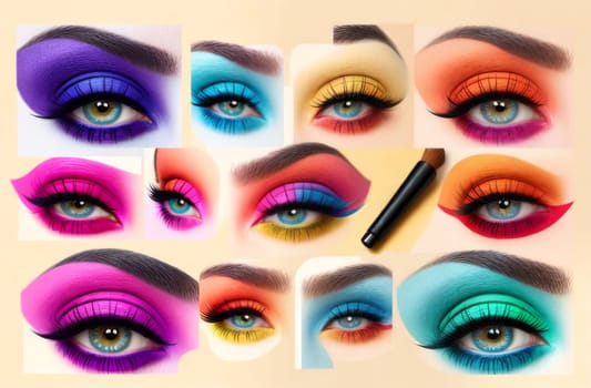 Different types of eyes with color make up and the eye shadows