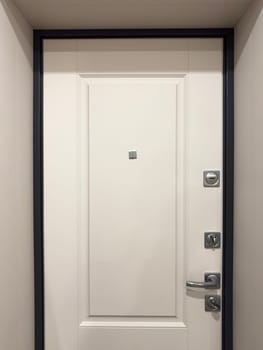 This door features a sleek, minimalist design with a smooth surface and a central peephole. It stands in a well-lit, neutral-toned hallway, suggesting a contemporary living space.