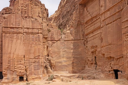 Entrances to the Royal Tombs carved into the rock. Petra archaeological site. Jordan.