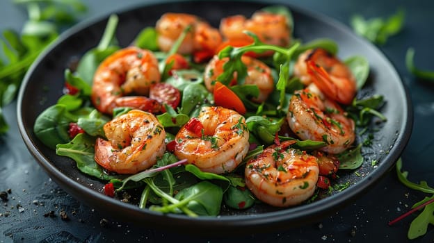 A vibrant salad features grilled shrimp on a bed of fresh greens, including arugula and spinach, garnished with cherry tomatoes. The dish is presented on a dark plate, enhancing its fresh appeal.