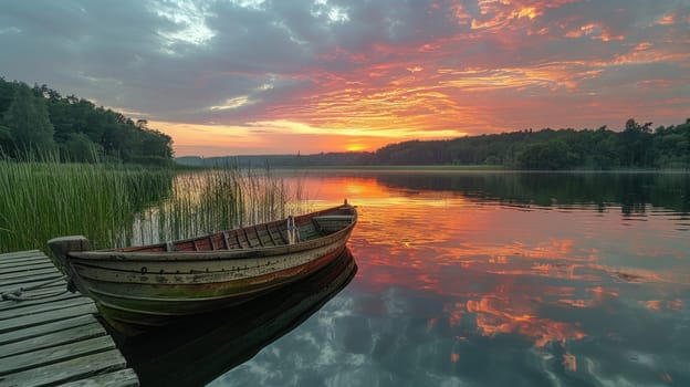 A wooden boat rests peacefully at the edge of a calm lake as the sun sets, casting vibrant colors across the sky and reflecting on the water's surface
