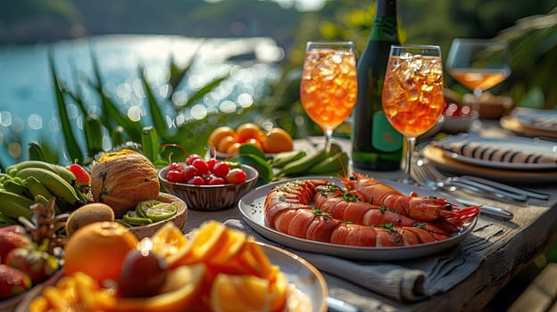 A vibrant spread of fresh seafood, fruit, and drinks is set on a wooden table overlooking the ocean. Lush greenery surrounds the picturesque scene, creating a perfect dining experience.