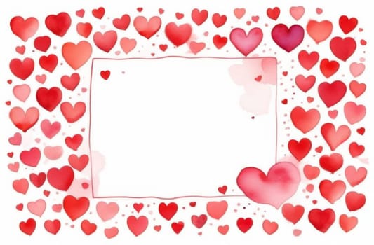 White frame with red hearts around the edges valentine day greeting card. Watercolor