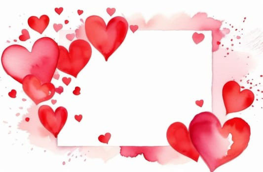 White frame with red hearts around the edges valentine day greeting card. Watercolor
