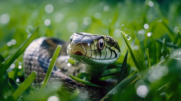 A vibrant green snake is camouflaged among the grass, glistening with morning dew. The sunlight enhances the details of its scales and features - Generative AI