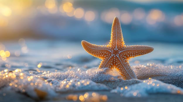 A starfish is perched on wet sand while gentle ocean waves lap at it during a beautiful sunset, creating a serene coastal atmosphere - Generative AI