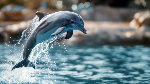 A dolphin jumps gracefully above the shimmering water in an ocean park, showcasing its agility and playful nature under the sun - Generative AI
