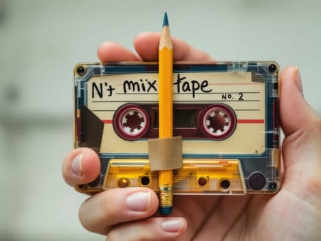 Close-up of hand holding a vintage transparent mixtape cassette with a pencil attached to it, evoking nostalgia and personalized music compilations. Ai generated