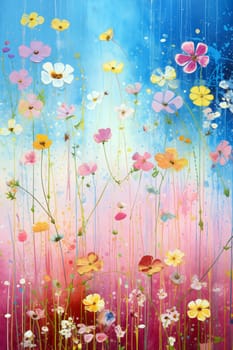 Bright and cheerful flowers bloom against a serene blue backdrop, showcasing various colors and shapes that enhance any space - Generative AI