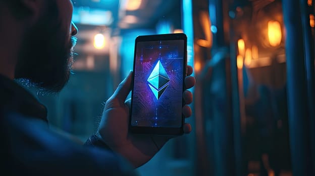 in the hands of the phone on the screen cryptocurrency. Selective focus.