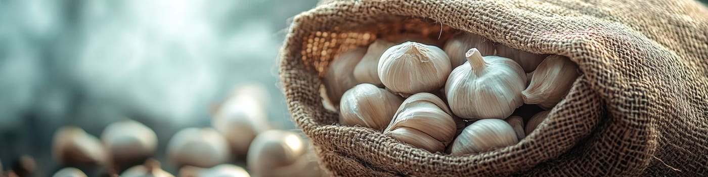 garlic in a burlap bag. Selective focus.