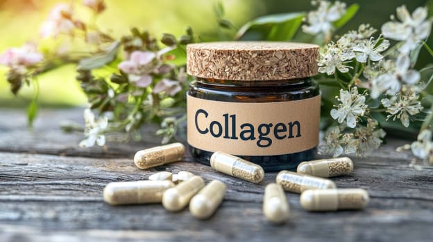 collagen pills on the table. Selective focus.