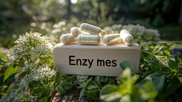 pills on the table nzymes. Selective focus.