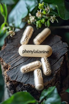 pills on the table phenylalanine. Selective focus/
