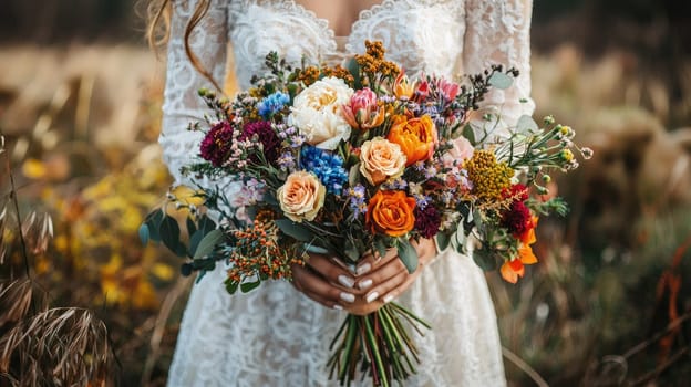 the bride holds a bouquet in her hands. selective focus.