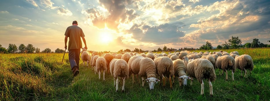 a man grazes sheep in a field. selective focus.