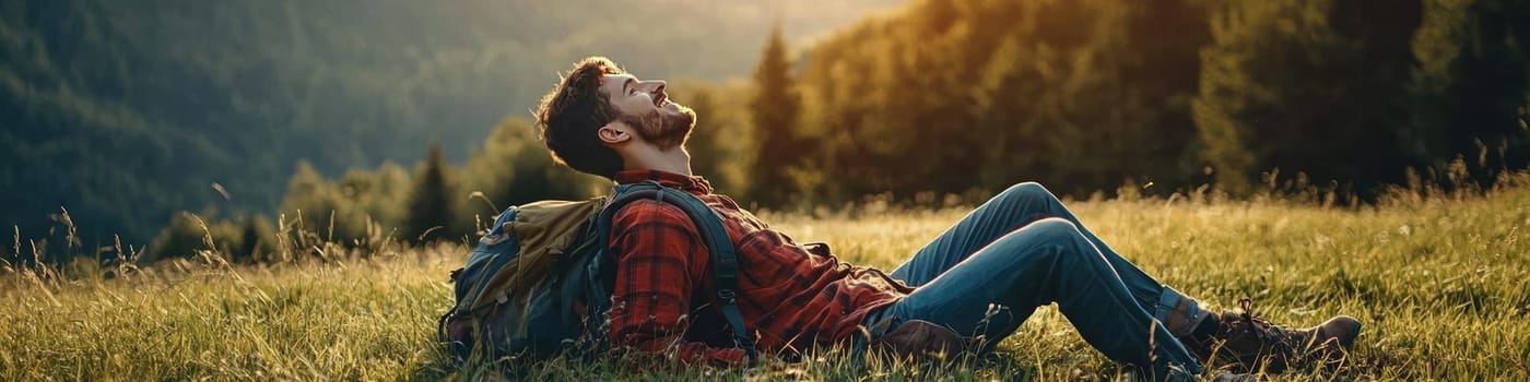 male tourist sits resting on the background of mountains. selective focus.
