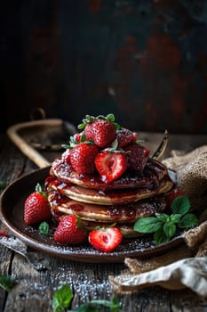 pancakes with chocolate and strawberries. selective focus.