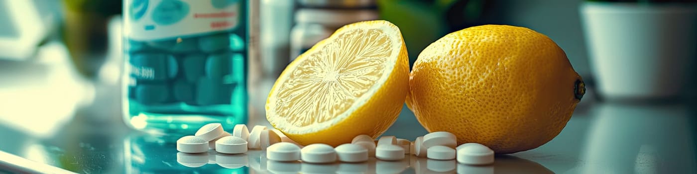 lemons and pills top view. selective focus.