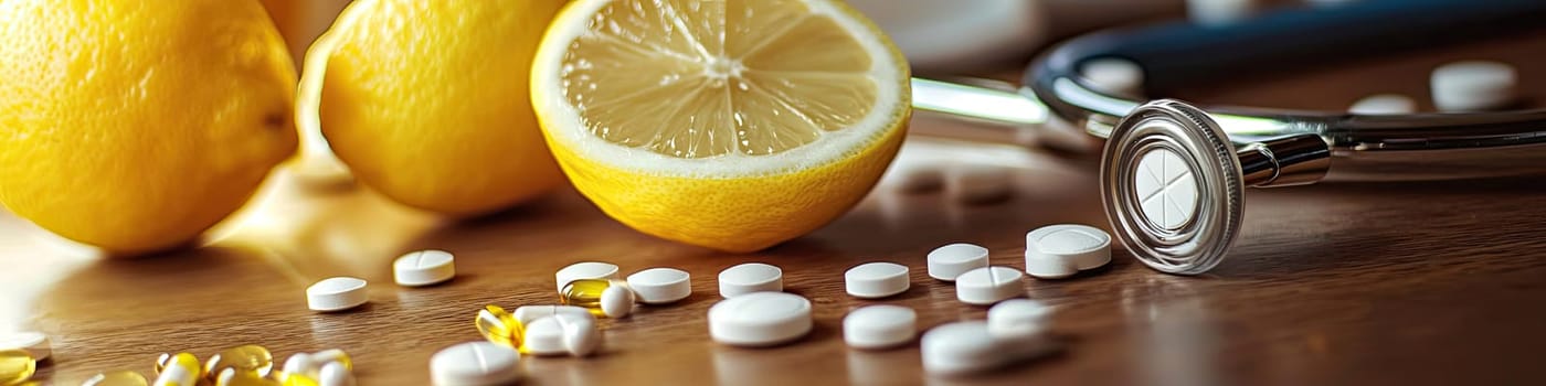 lemons and pills top view. selective focus.