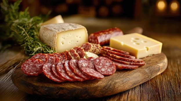 sausage and cheese slices on a board. selective focus.