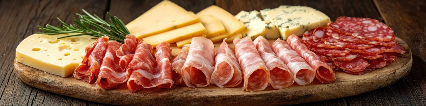 sausage and cheese slices on a board. selective focus.