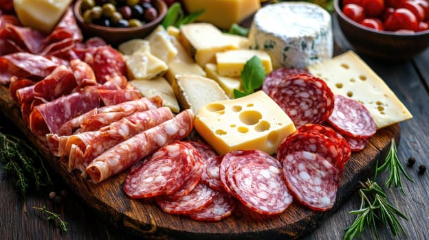 sausage and cheese slices on a board. selective focus.