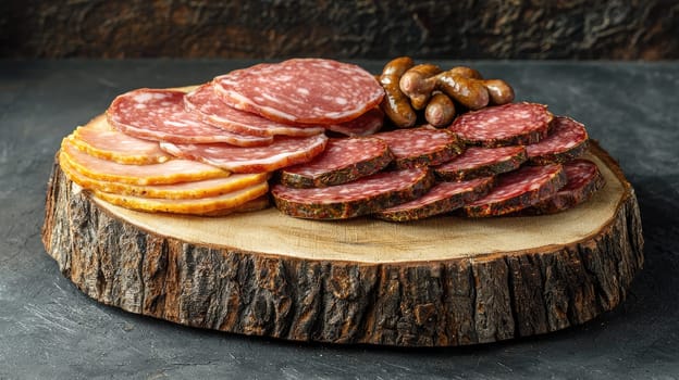 sausage and cheese slices on a board. selective focus.