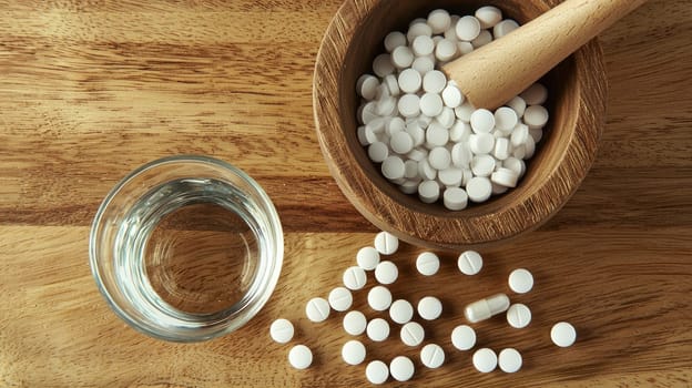 pills and a glass of water. selective focus.