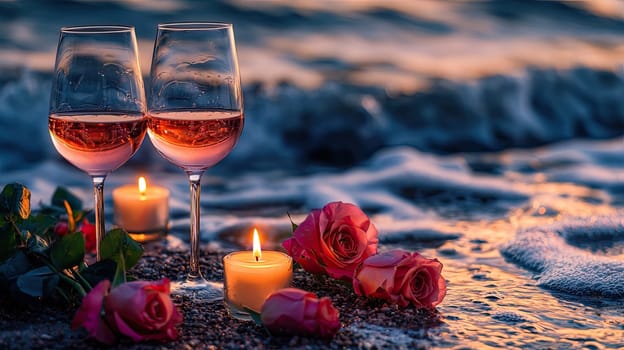 wine glasses and candles on the seashore. selective focus.