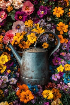 flower bed and watering can. selective focus.