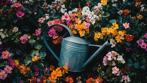 flower bed and watering can. selective focus.