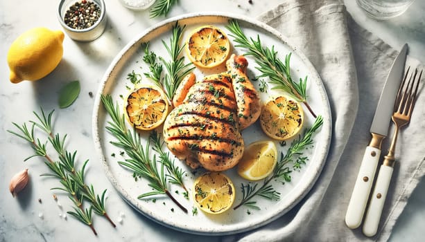 A close-up of a grilled lemon herb chicken breast, beautifully garnished with fresh rosemary sprigs and lemon slices. The dish is set on a white plate, with the juicy texture and grill marks highlighted by the bright natural light on a marble countertop.