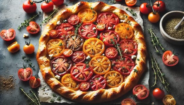 These images showcase a beautifully crafted puff pastry tart, topped with an array of vibrant heirloom and cherry tomatoes, roasted to perfection. Crumbled feta and fresh thyme add layers of flavor and texture to the golden, flaky crust.