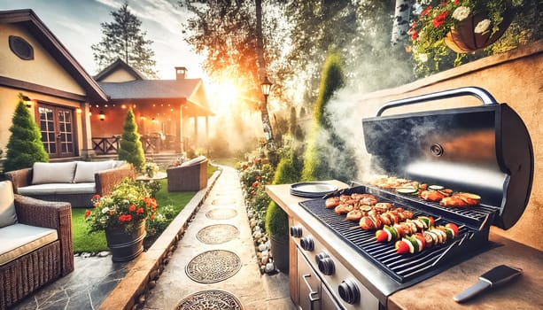 A beautifully landscaped backyard with a grill filled with sizzling chicken and skewers, set against the backdrop of a cozy home. The warm evening light enhances the inviting atmosphere, making it the perfect setting for a relaxing outdoor barbecue.