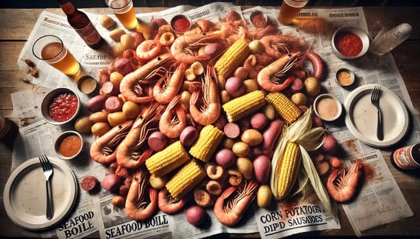 A side-angle view of a seafood boil featuring shrimp, corn, red potatoes, and sausage on a rustic wooden table. Steam rises from the hot food, surrounded by cold beer and dipping sauces, creating a warm, communal atmosphere.