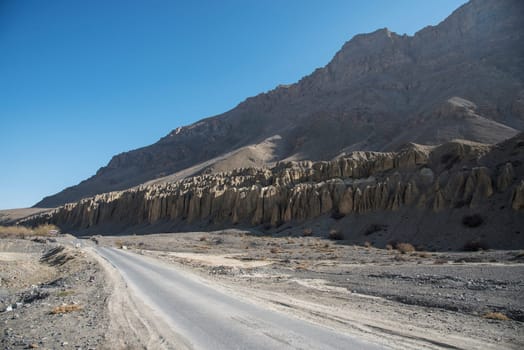 Beautiful view of Spiti valley arid landscape enroute Kaza, Himachal Pradesh, India.