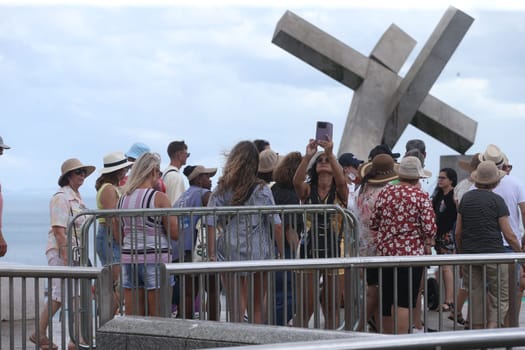 salvador, bahia, brazil - january 2, 2023: Tourists visit the Cruz Caida monument in Praça da Se, historic center of Salvador.