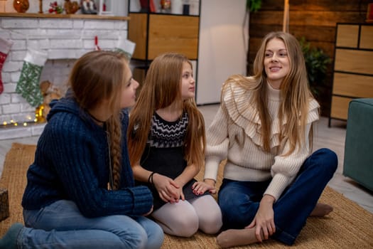 A joyful family moment captured by a cozy fireplace, highlighting warmth and togetherness in their home