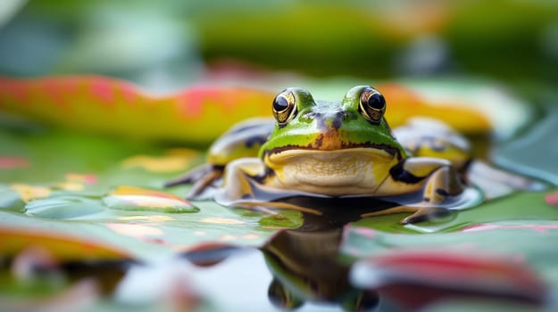 A green frog sits calmly on vibrant lily pads in a peaceful pond, surrounded by colorful reflections and gentle water ripples - Generative AI