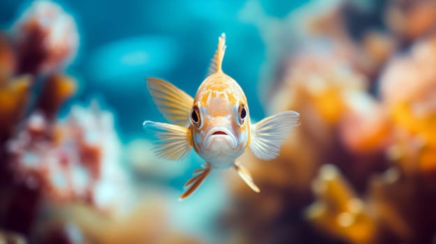 A lively fish swims gracefully through a beautiful coral reef filled with colorful marine life, showcasing the vibrancy of ocean ecosystems - Generative AI