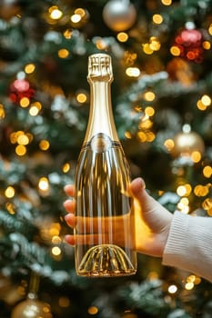 bottle of champagne in hand. Selective focus.