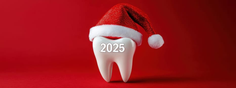 tooth in santa hat 2025. Selective focus.