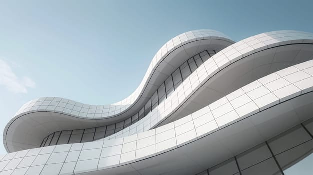 A striking building showcases innovative design with smooth, flowing lines and glossy surfaces, enhancing the urban landscape in a sunny setting - Generative AI
