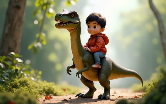 An animated Asian child in a red hoodie enjoys a playful moment riding a friendly velociraptor dinosaur in a lush green forest filled with sunlight and soft shadows - Generative A