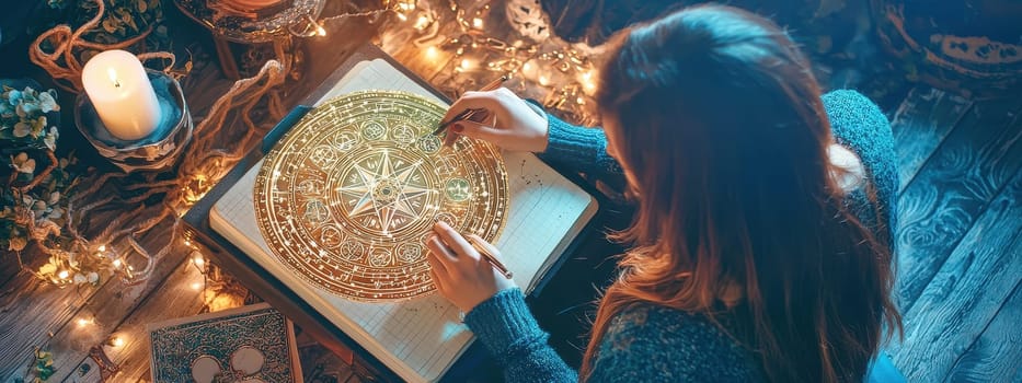 female astrologer writes in a notebook. Selective focus.