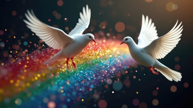Two white doves gracefully fly toward each other, their wings outstretched. They navigate a dazzling rainbow and a flurry of colorful particles in a magical setting.